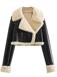Women's Jackets TRAF Winter Women Warm Outerwear Vintage Fur Faux Leather Zipper Trims Patchwork Cropped Jacket Female Chic Thick Coats Top 231007