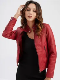 Women's Leather Woen's Sli Fit Spring Autun Solid Color Long Sleeve Stand Collar Zipper Pu Jackets för mode