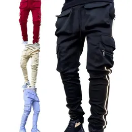 Men's Pants Cargo Jogging With Reflective Strips Male Skinny Pencil Multiple Pockets Stacked Sweatpants Men223p