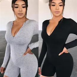 Kvinnor Sexig jumpsuit långärmad v-ringning play-dräkt rusar främre blixtlås bodycon smal kausal mjuk fritid hemkläder shorts jumpsuit213q