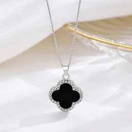 S925 Sterling Pure Silver Clover Designer Pendant Necklace Shining Zircon Crystal Red Black Lucky For Women Girl Link Chain Choker Necklaces Jewelry
