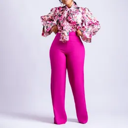 Women's Two Piece Pants POFGD Long Sleeve Bow Top Zipper Lady Printed 2 Set 2023 Fashion Street Casual Style Women Suit
