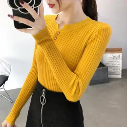 Women's Sweaters OHRYIYIE Yellow Slim Single Breasted Pullovers Women Autumn Winter Fashion Knitted Sweater Female O-neck Jumper Pullover