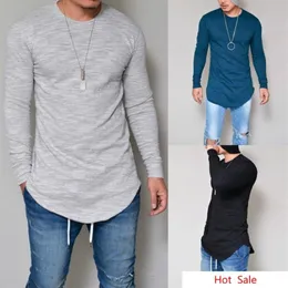 Mens Longline T -shirt Solid Hip Hop Long Sleeve Tees för våren och hösten Swag kläder Slim Harajuku Tshirt254G