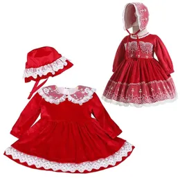 Vestidos da menina bebê menina vermelho babados lolita vestido outono infantil rosa veludo batizado vestido chapéu nascido aniversário batismo espanhol 12m 231007