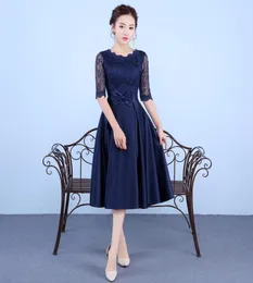 Nuovi abiti da sera blu navy con mezza manica elegante abito da sposa in raso con collo alto 2017 ballo di fine anno festa di ritorno a casaforma di laurea5854214