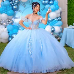 Luxury Sky Blue V-Neck Quinceanera Dresses Vestidos De 15 Anos Off-Shoulder Applique Lace Beading Formal Princess Gown