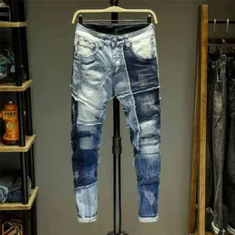 Men Jeans Splice Jean Homme Skinny Denim Ripped Spijkerbroeken Heren Biker Stretch Pants Slim Fit Trousers Warm Pantalon Luxe H111263o