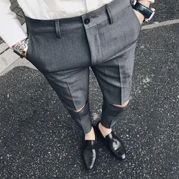 Рваные однотонные брюки, облегающие мужские классические брюки, офисные брюки, мужские брюки Pantalon Homme, тонкие формальные рваные брюки для Man197J
