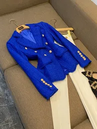 Осень 2023, синие однотонные твидовые пиджаки с кисточками и пуговицами с длинными рукавами и зубчатыми лацканами, двубортные верхние пальто, пальто O3O072542
