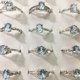 Solitaire Ring 5RINGS 10RINGS AKAC Natural Blue Topaz Ring Ca57mm Stone Women Justerbar 231007