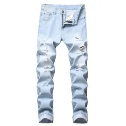 Men's Jeans Mens Light Color Slim Fit Hole High Street Blue Non-elastic Casual Fashion Urban Stretwear255W