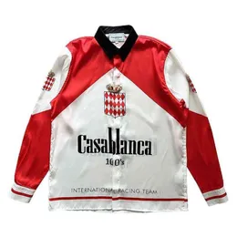 Casablanca vermelho e branco costura design cetim branco solto camisa de manga longa camisas de qualidade superior fino t-shirts305g