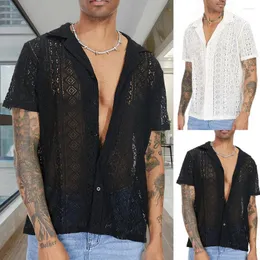 Mäns casual skjortor bomull ren openwork män seing mesh sexiga spetsar korta ärmar transparent t-shirt sommarstoppar solid trendig kofta