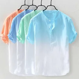 Men Cool Cotton Linen Shirt Breathable Gradient Color Casual Summer Short Sleeve Beach Shirt Tops Holiday Vacation Clothing -OPK 2280b