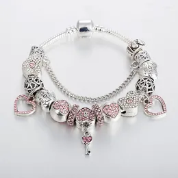 Charme pulseiras na moda rosa coração pingente grânulo pulseiras para mulheres pulseira feminina cristal jóias pulseira