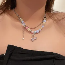 Pendant Necklaces Colorful Reflective Beads Heart Cherry Necklace For Women Sweet Charm Aesthetic Clavicle Chain Korean Fashion Jewelry