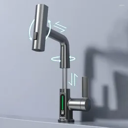 Badezimmer Waschbecken Wasserhähne Wasserfall Ziehen Heben Digital Display Wasserhahn Smart Temp Waschbecken 5Sprayer Kaltes Wasser Mischbatterie Für