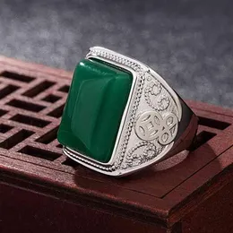 Ethnic Emerald Gemstone Ring Natural Green Jade Silver 925 Rings For Men Wedding Party Retro Vintage Fine Jewelry Gifts273e