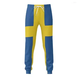 Mäns byxor Sverige flagga Mens Sweatpants med fickor joggar för män sport casual svett dragkammare