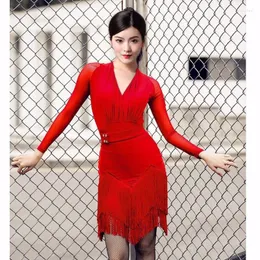 Stage Wear HI-Q Latin Dance Performance Vintage Dress Long Sleeve Practice Female Adult Costume Square Sexy Tassel Suit Rumba Vestido Tango