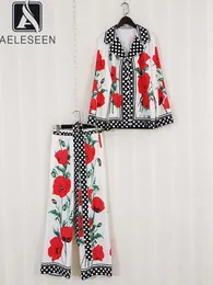 Women's Pants AELESEEN Spring Autumn Women Fashion Set Loose Dots Red Flower Print Pajamas Shirt Full Belt Party Casual