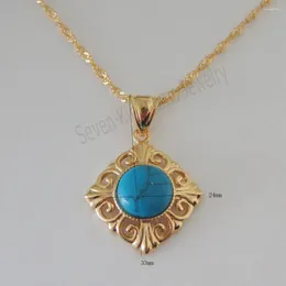 Colares com pingente banhado a ouro amarelo 18 "COLAR BRILHANTE EM FORMA QUADRADA COM PEDRA TURQUESA SIMULADA REDONDA