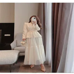 Two Piece Dress Runway Autumn New Skirt Suit Women Elegant Korean Lace-Up Fashion Blazer Long Mesh Skirt Casual Evening Party 2-251s