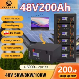 48V 200AH LiFePO4 Battery Pack 51.2V 10KWH Lithium Solar Battery 6000+ Cycles Max 32 Parallel RS485 CAN For Off/On Grid Inverter