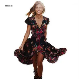 Women Summer V Neck Vintage Boho Long Maxi Floral National Chiffon Dress Party Beach Dress Floral Sundress1264d