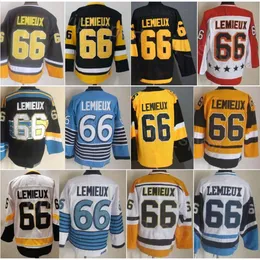 CCM Hockey Retro 66 Lemieux Vintage koszulki emerytury klasyczny haft i szycie czystą bawełnę dla fanów sportu, pullover zespół czarny biały niebieski żółty oddychanie wysoko