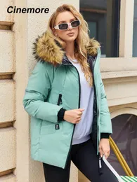 女性のトレンチコートシネモア2023ウィンターダウンジャケット女性コートファーカラーフード厚いバイオコットンパーカスルーズアウターウェアの品質暖かい女性