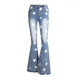 Dżinsy damskie S-4xl w paski w paski drukowane wzór gwiazdy Mop Pants Flered Fit Slim Girl's Spoders mama mama wysoka pasa