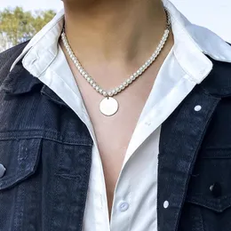 Pendant Necklaces KunJoe Stainless Steel Half Imitation Pearl Beaded Cuban Link Chain Necklace Men Punk Hip Hop Carved Coin