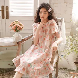 Women's Sleepwear Short Sleeve Nightgown Women Sleepdress Cotton Double Layer Gauze Floral Print Summer Nightdress Ruffles Long Dress