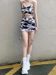 Work Dresses Two Pieces Set Tie Dye Streetwear Sexy Halter Backless Tank Tops Women Y2k Aesthetic Bandage Short Skirts Fashion Harajuku Suit