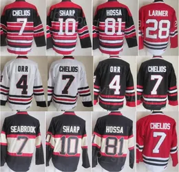 CCM Hóquei Retro 10 Patrick Sharp Jersey Retire 81 Marian Hossa 28 Steve Larmer 4 Bobby Orr 7 Chris Chelios 9 Bobby Hull Vintage Clássico Preto Vermelho Branco Bordado