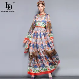 LD Linda Della Fashion Runway Maxi Dress 5xl Plus Size Women's Loose Flare Sleeve Animal Pattern Floral Print Vintage Long DR224S