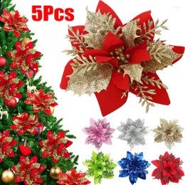 Christmas Decorations 5pcs Artificial Flower Simulation Glitter Poinsettia Floral DIY Garlands Xmas Tree Ornaments Wedding Party