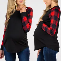 Moderskapstoppar tees gravida kvinnor moderskapskläder långärmad mode gittertryck toppar graviditet t-shirt ammande toppar mamma ammande blus 231006