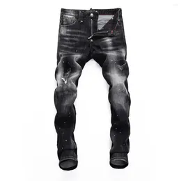 Jeans masculinos rasgados design mens magro preto denim calças crânios reto elástico plein estiramento calças para homens
