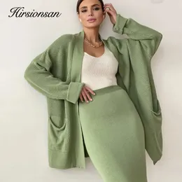 Two Piece Dress Hirsionsan Soft Vintage Lace Up Women Suits 2 Pieces Female Sets with Belt V Neck Cardigan Midi Ladies Knitted TrackSuit 231009