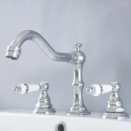 Bathroom Sink Faucets Ceramic Lever Dual Knob Chrome Brass Widespread Faucet Three Holes Lavatory Basin Taps Washroom Bathtub Mixer Dnf974