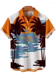 Men's Casual Shirts 2023 Summer Shirt Hawaiian Coconut Tree Sunset Print Beach Cartoon Vacation Short Sl