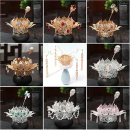 Hårklipp peorchid kinesiska Hanfu huvudbonad brud lotus krona och tiara kvinnors hårnålsmycken headpieces bröllopstillbehör
