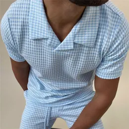 Customized Tees & Polos 082 Blue and white checkered pattern New Men's Short Sleeve Button Printing Casual Pullover Polo Shirt POLO Shirt