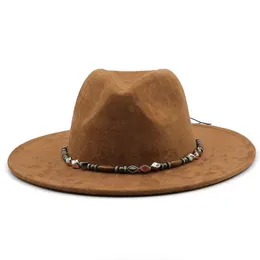 Wide Brim Hats Bucket Hats Fashion Women Men Pork Pie Hat Dad Suede Flat Fedora Hat Lady Gentleman Gambler Panama Trilby Hat With Fashion band Size 58CM 231009