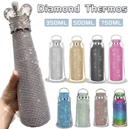 Thermoses Bling Diamond Thermos Bottles Portable Glitter Rhinestone Water Bottle Crossbody Rostfritt stål Termisk kolv Crystal 231009