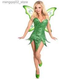 Costume a tema da donna 2 pezzi Neon Fairy Tinkerbell Come Fairy Mini abito scintillante con ali di farfalla Halloween Cosplay arriva Q231010
