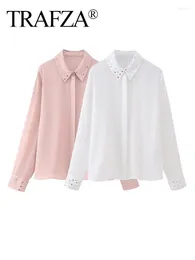 Damenblusen TRAFZA Mode Elegante weibliche Vintage Langarm Knopf All-Match Casual Bluse Frauen 2 Farben Chic Revers Lose Shirt Tops